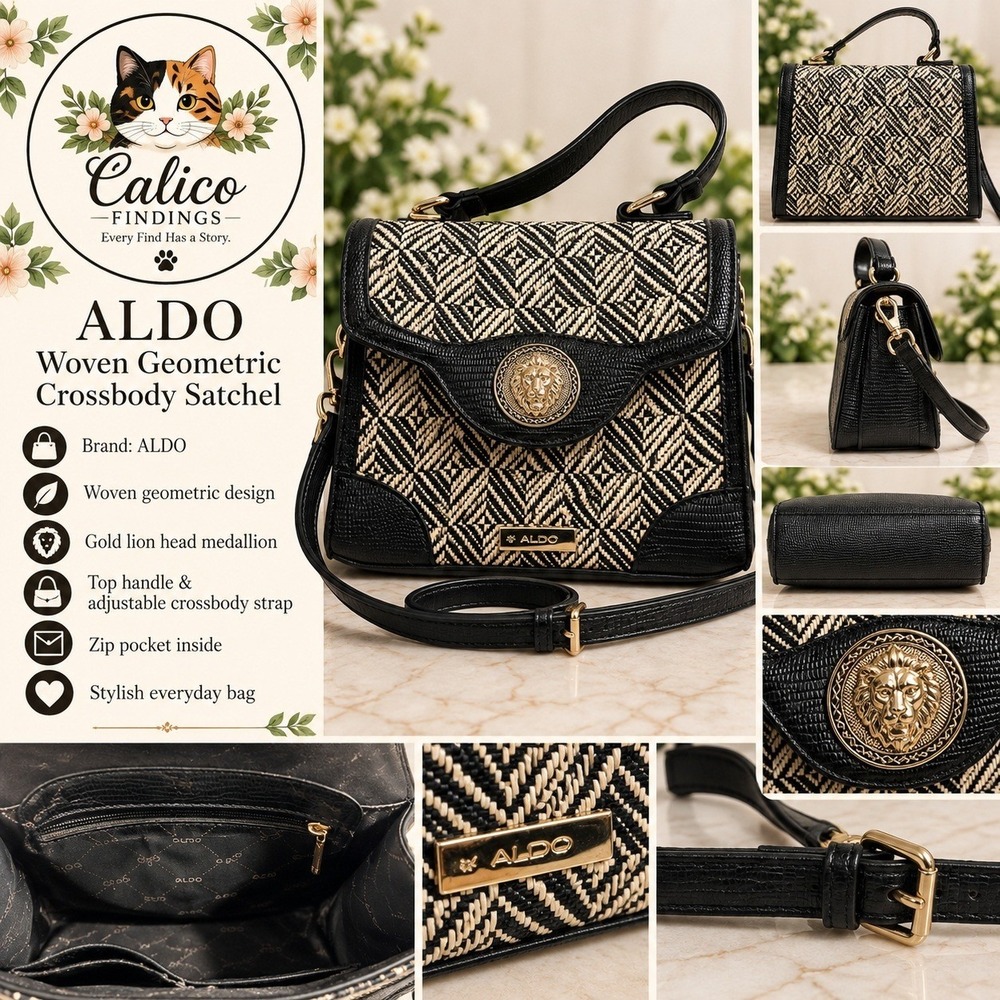 Aldo Black Cream Woven Geometric Lion Head Medallion Crossbody Satchel Bag